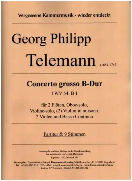 Top-Seller Concerto grosso B-Dur TWV54:B1 für 2 Flöten, Oboe, Violine, (2) Violini in unisono, 2 Violen und Bc