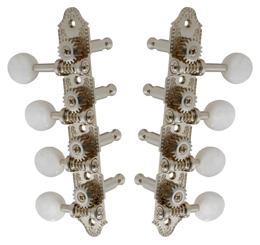 Kostenloser Versand Grover 409FVN Professional Mandolin Vintage "F"-Style Machine Heads with Pearloid Button - Standard, 4 + 4 - Nickel