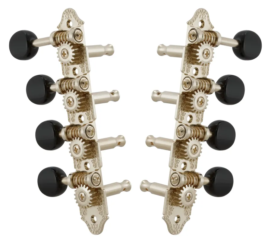 Markenprodukt Grover 409FNB Professional Mandolin Standard "F"-Style Machine Heads with Black Button - Standard, 4 + 4 - Nickel