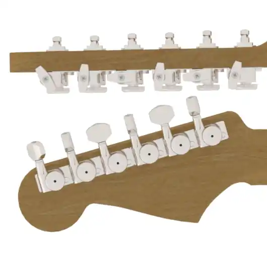 Schneller Versand Hipshot Vintage Tuner Upgrade Kit, with Universal Mounting Plates, 6-in-Line (left / bass side), Staggered Posts - Nickel