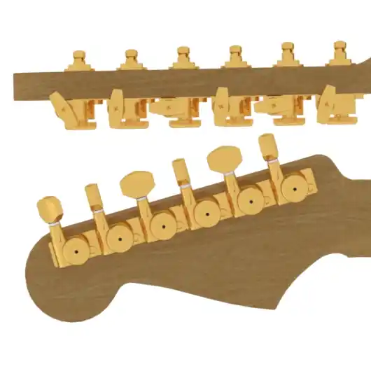Echt Hipshot Vintage Tuner Upgrade Kit, with Universal Mounting Plates, 6-in-Line (left / bass side), Staggered Posts - Gold