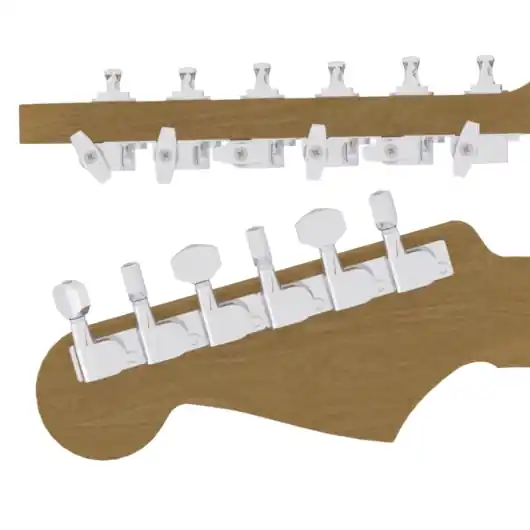 Hipshot Tuner Upgrade Kit, with Universal Mounting Plates, 6-in-Line (left / bass side), staggered posts - Chrome Letzte Chance