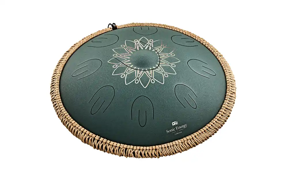 Wochenendangebot MEINL OSTD4DGE Sonic Energy 16" Octave Steel Tongue Drum, Fis Moll, 9 Töne, 432 Hz, Dunkelgrün, Graviertes florales Design