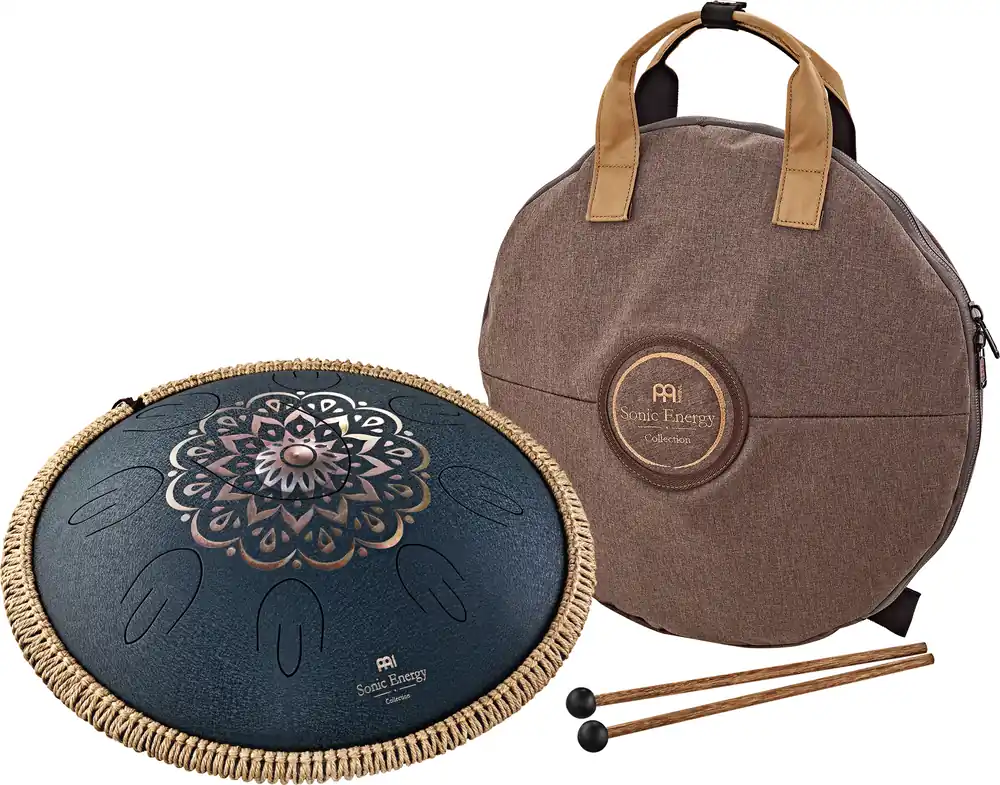 MEINL OSTD2NBE Sonic Energy Octave Steel Tongue Drum, Marineblau, graviertes Blumendesign, D Amara, 40 cm Nur Heute